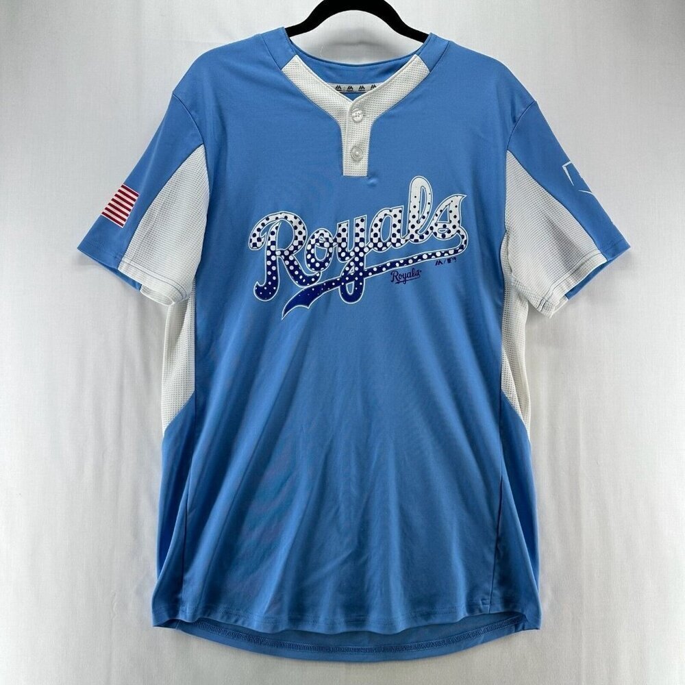 Kansas City Royals Majestic Jersey Shirt Men Sz M MLB Baseball Henley Blue White